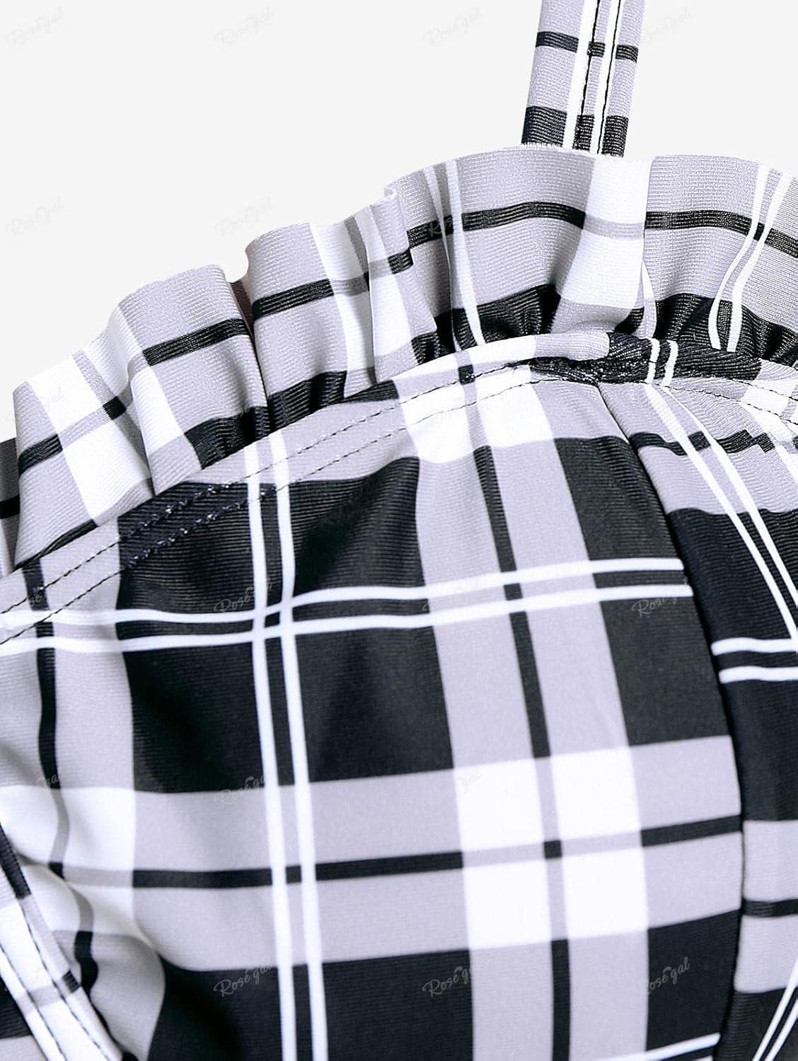 image:imageROSE GAL Plus Size Ruffles Flounce Padded Plaid Three Piece Skirt Tankini SwimsuitBlack