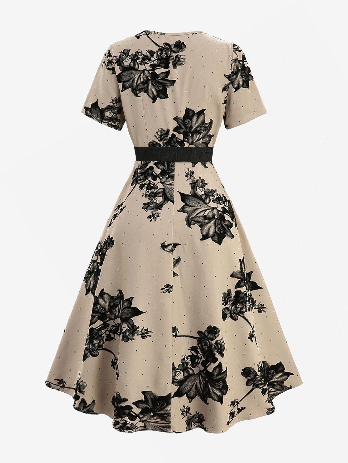 image:imageROSE GAL Plus Size Womens 50s Elegant Square Neck Vintage Cocktail Party Dress Short Sleeves DressCoffee1