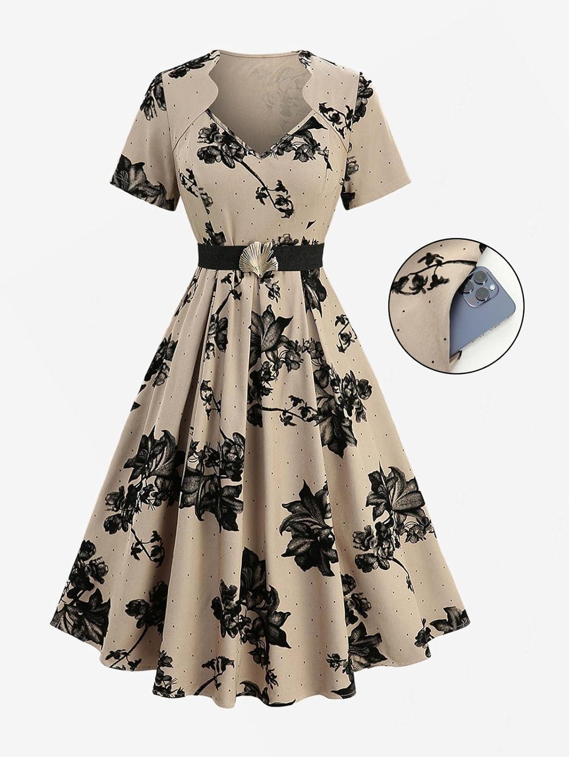 image:imageROSE GAL Plus Size Womens 50s Elegant Square Neck Vintage Cocktail Party Dress Short Sleeves DressCoffee1