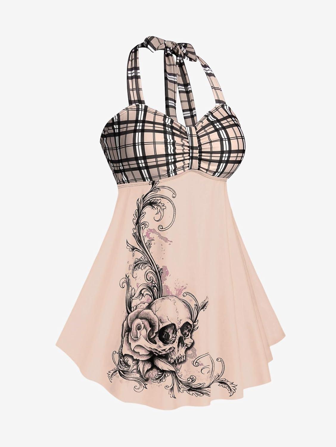 image:imageROSE GAL Womens Plus Size Curve Halter Plaid Skull Print Backless Gothic Modest Tankini Swimsuit SetLight Orange