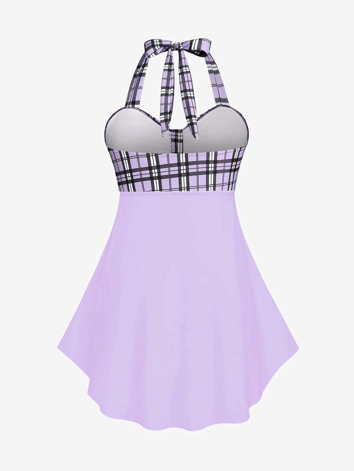 image:imageROSE GAL Womens Plus Size Curve Halter Plaid Skull Print Backless Gothic Modest Tankini Swimsuit SetLight Purple1