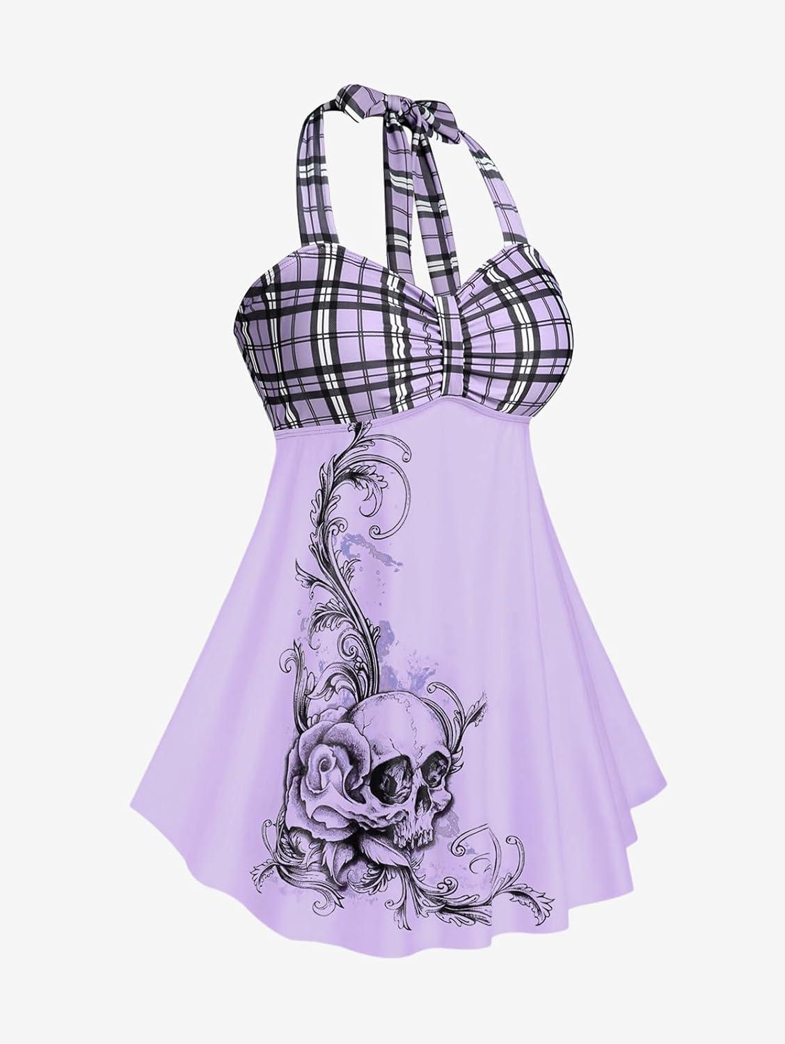 image:imageROSE GAL Womens Plus Size Curve Halter Plaid Skull Print Backless Gothic Modest Tankini Swimsuit SetLight Purple1