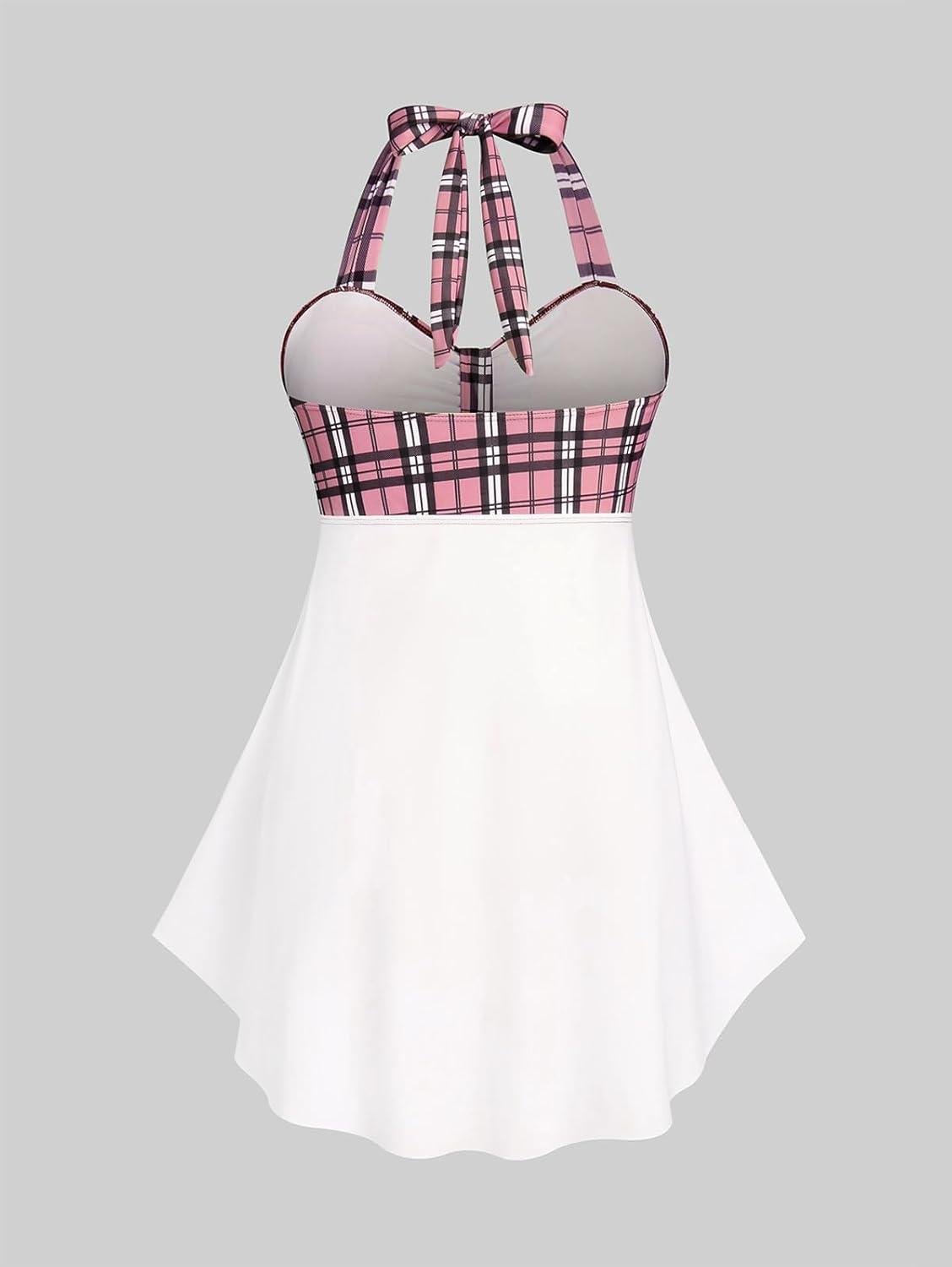 image:imageROSE GAL Womens Plus Size Curve Halter Plaid Skull Print Backless Gothic Modest Tankini Swimsuit SetPink