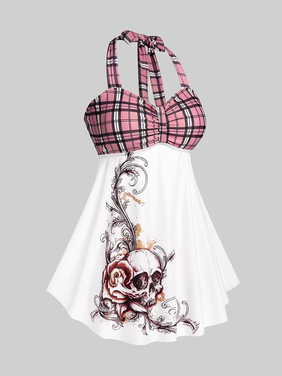image:imageROSE GAL Womens Plus Size Curve Halter Plaid Skull Print Backless Gothic Modest Tankini Swimsuit SetPink