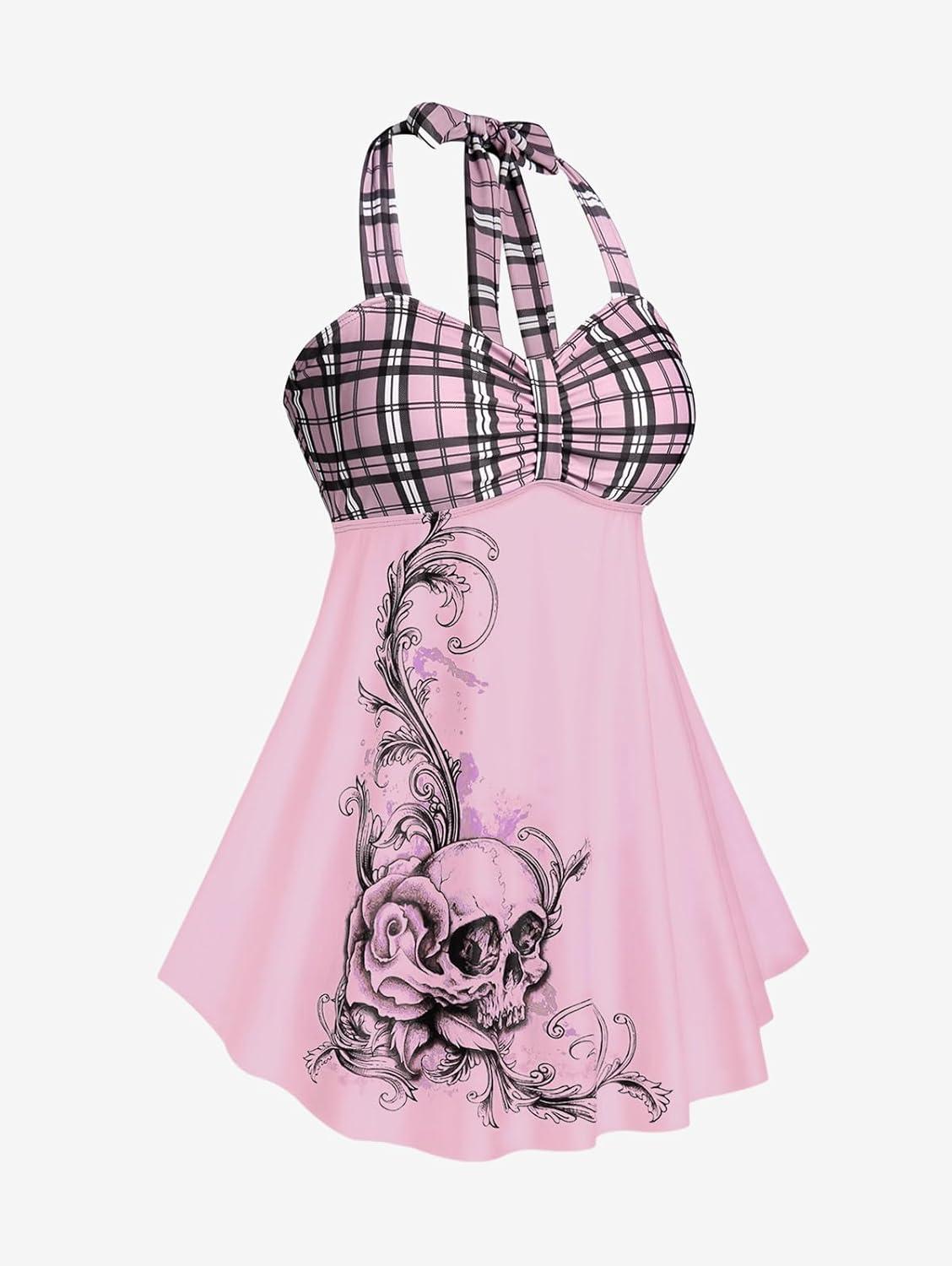 image:imageROSE GAL Womens Plus Size Curve Halter Plaid Skull Print Backless Gothic Modest Tankini Swimsuit SetPink19