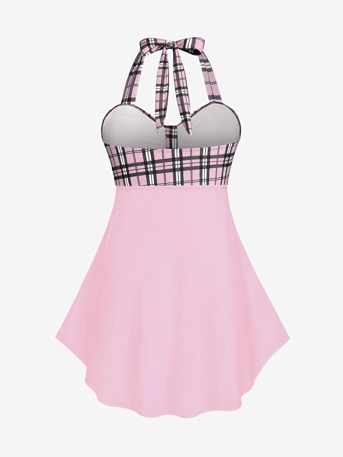 image:imageROSE GAL Womens Plus Size Curve Halter Plaid Skull Print Backless Gothic Modest Tankini Swimsuit SetPink19