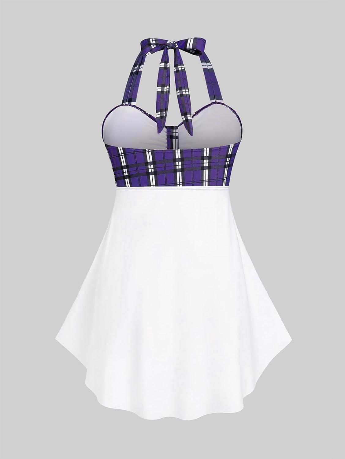 image:imageROSE GAL Womens Plus Size Curve Halter Plaid Skull Print Backless Gothic Modest Tankini Swimsuit SetPurple1