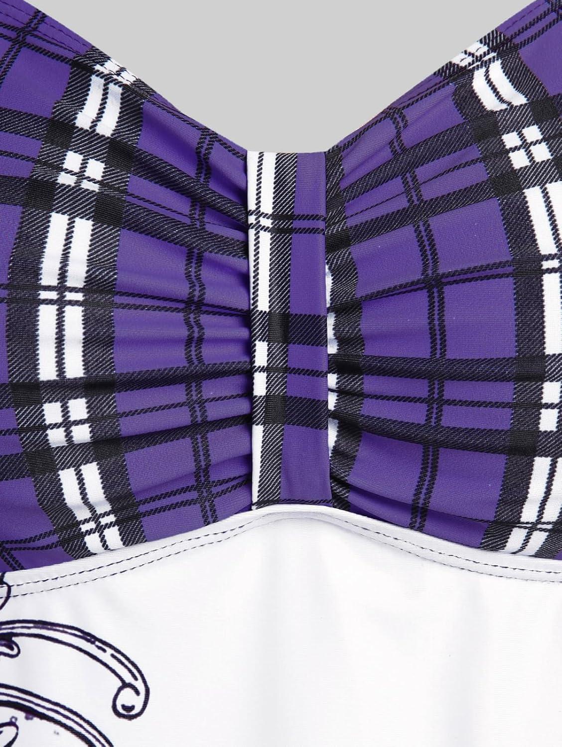 image:imageROSE GAL Womens Plus Size Curve Halter Plaid Skull Print Backless Gothic Modest Tankini Swimsuit SetPurple1