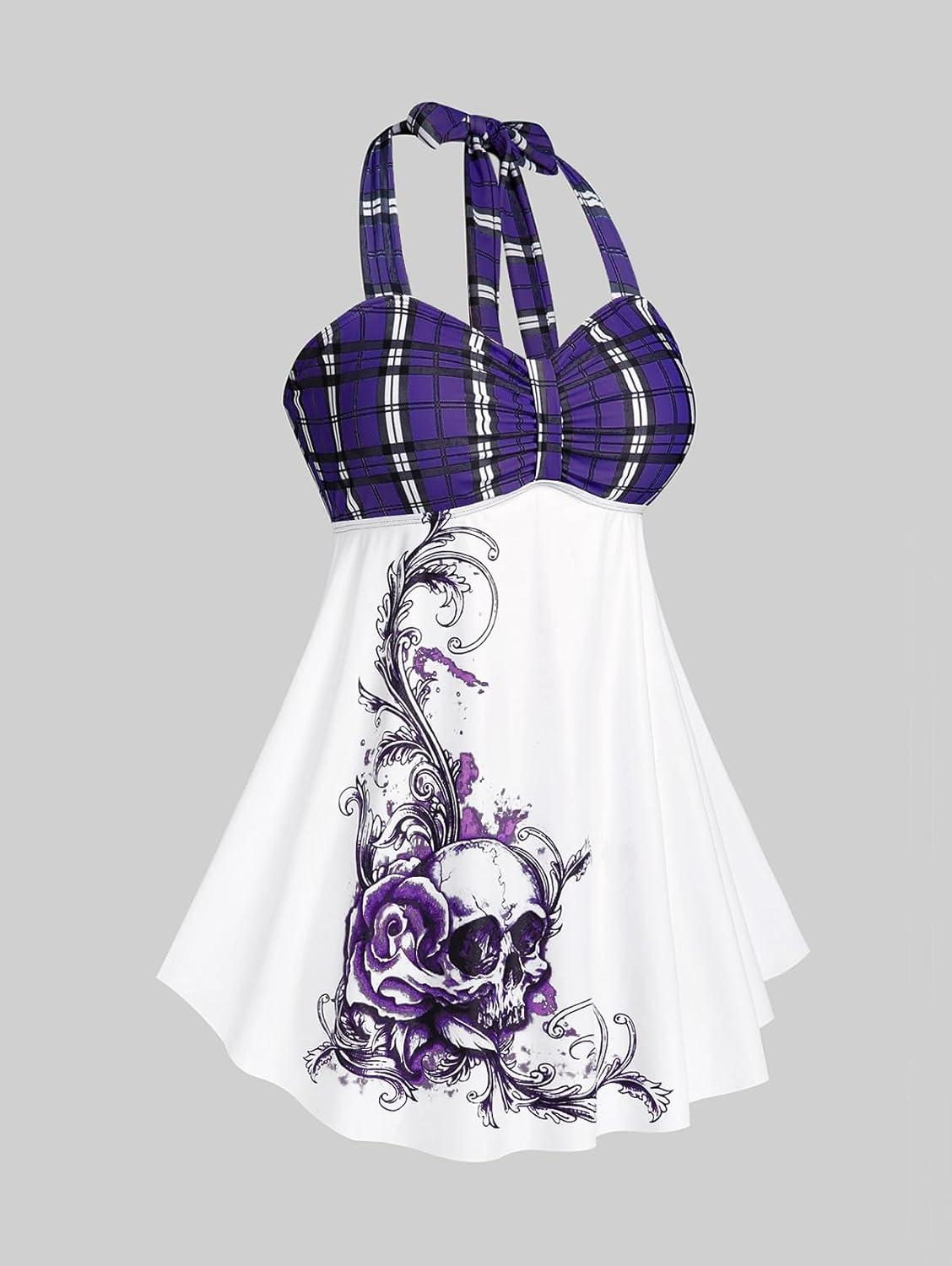 image:imageROSE GAL Womens Plus Size Curve Halter Plaid Skull Print Backless Gothic Modest Tankini Swimsuit SetPurple1