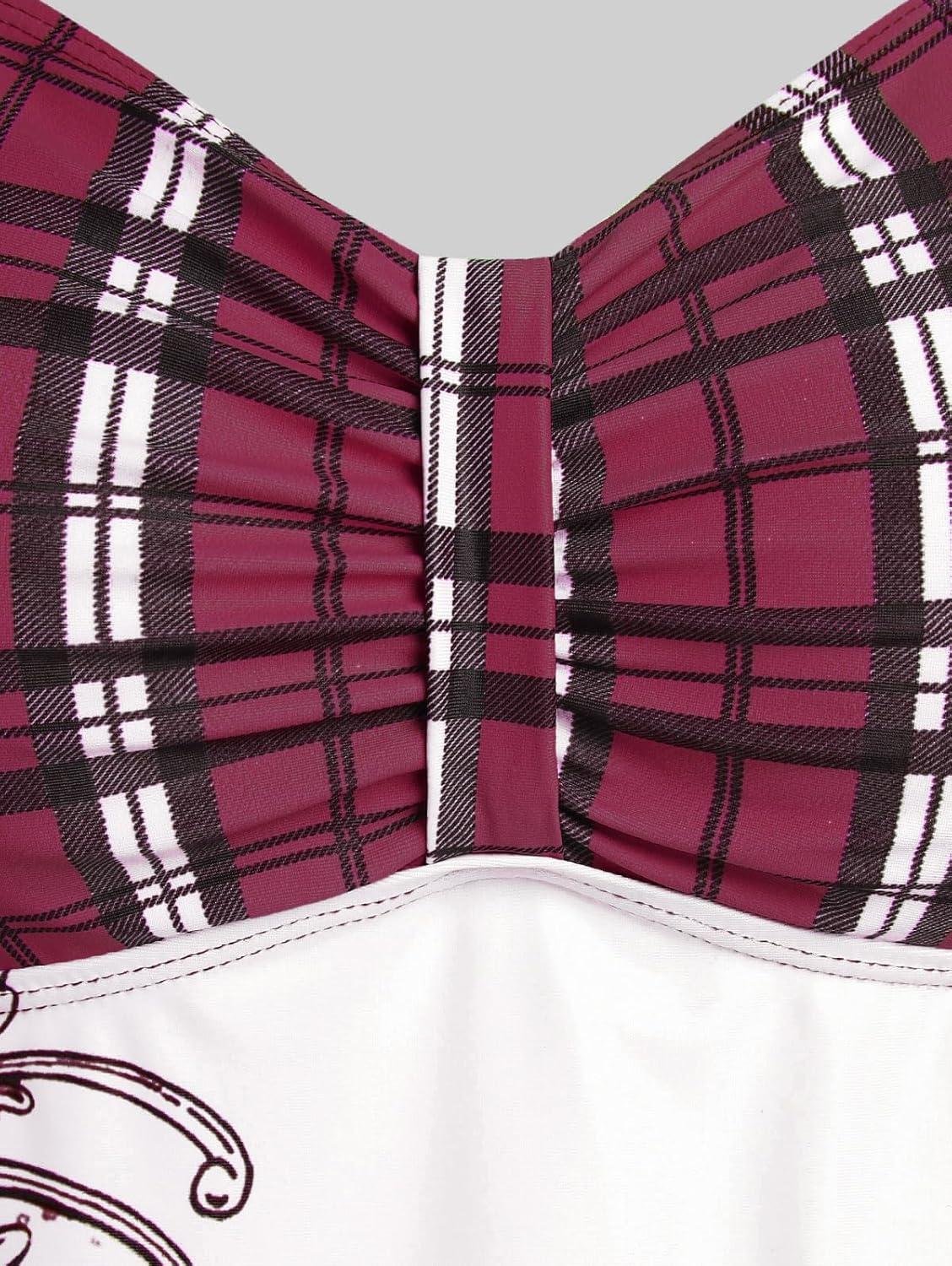 image:imageROSE GAL Womens Plus Size Curve Halter Plaid Skull Print Backless Gothic Modest Tankini Swimsuit SetRed