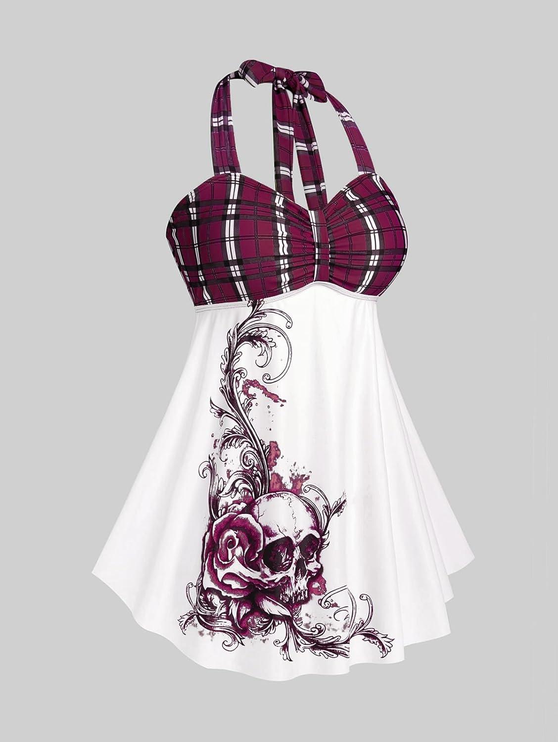 image:imageROSE GAL Womens Plus Size Curve Halter Plaid Skull Print Backless Gothic Modest Tankini Swimsuit SetRed