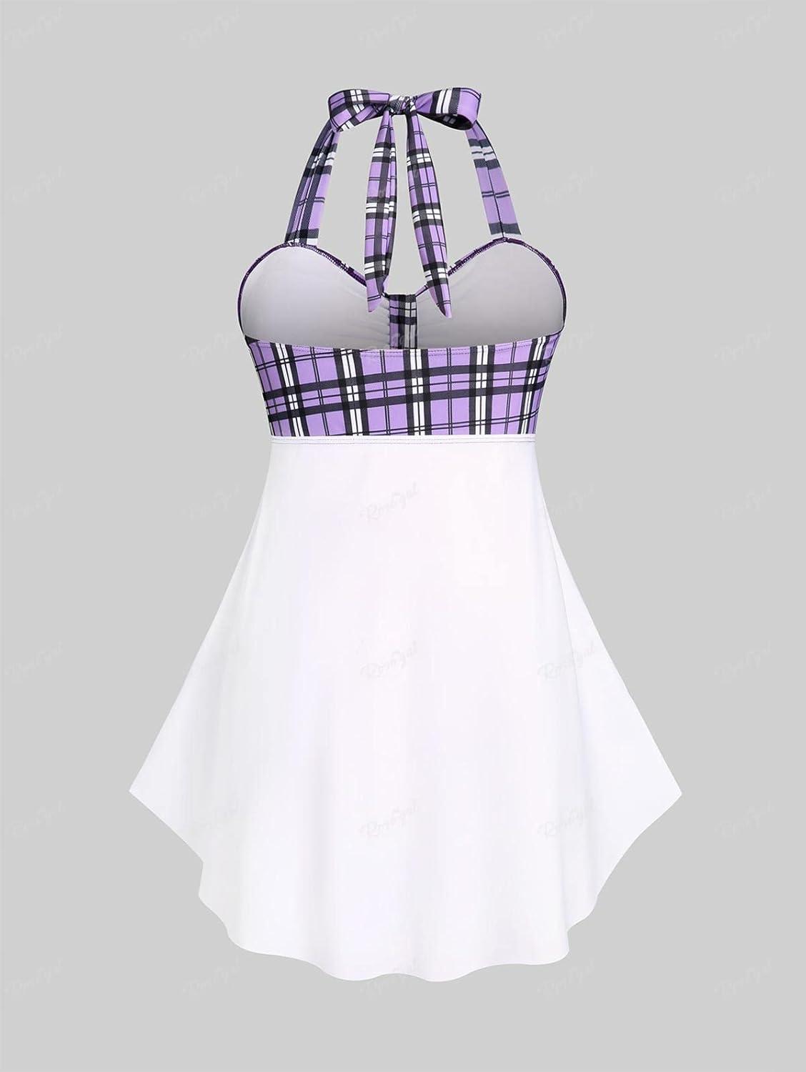 image:imageROSE GAL Womens Plus Size Curve Halter Plaid Skull Print Backless Gothic Modest Tankini Swimsuit SetWhite2