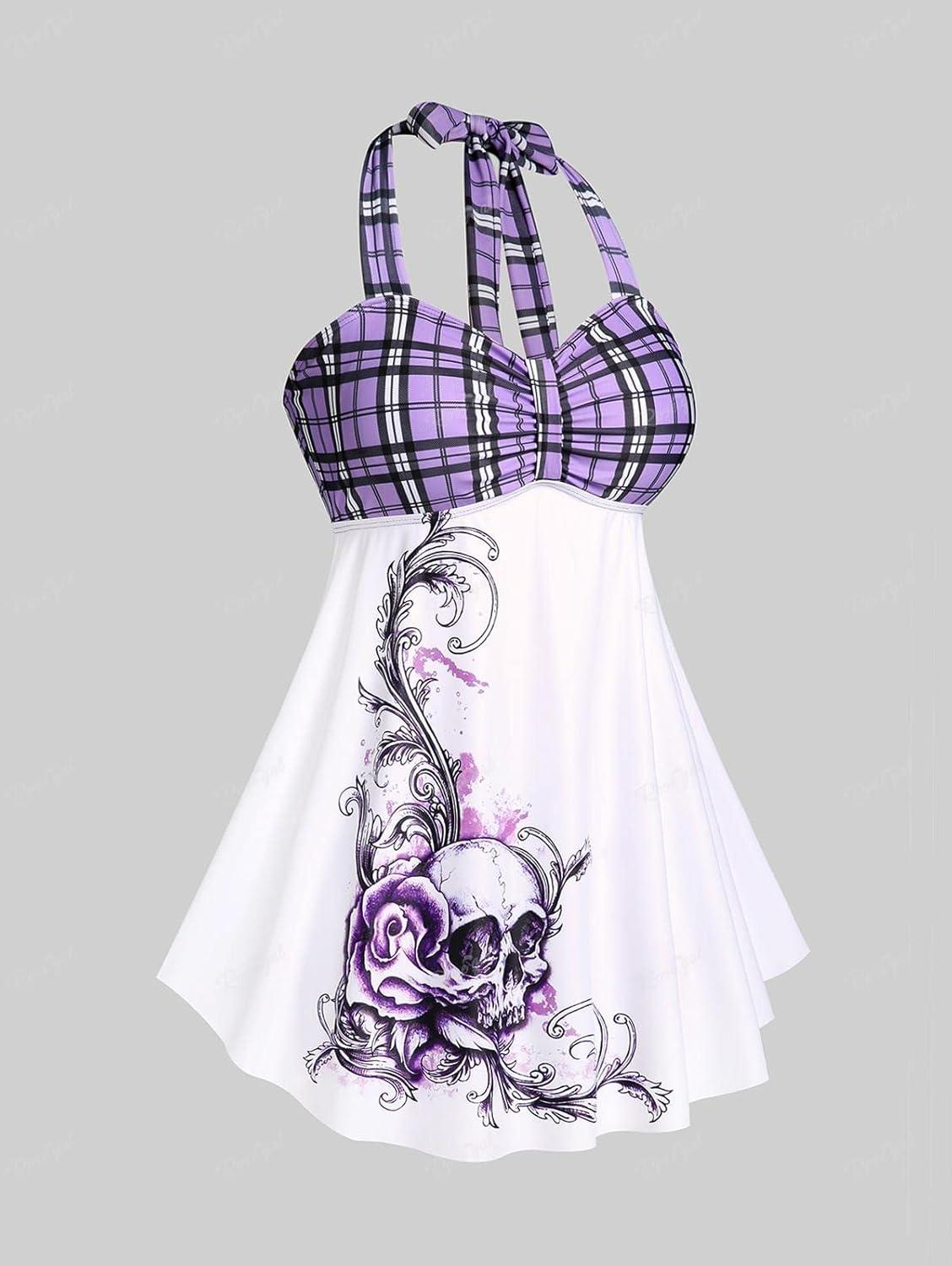 image:imageROSE GAL Womens Plus Size Curve Halter Plaid Skull Print Backless Gothic Modest Tankini Swimsuit SetWhite2