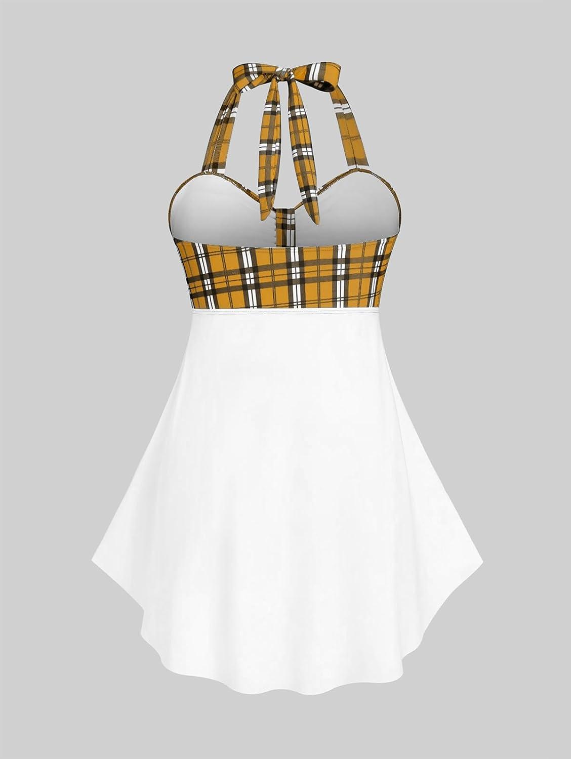 image:imageROSE GAL Womens Plus Size Curve Halter Plaid Skull Print Backless Gothic Modest Tankini Swimsuit SetYellow10