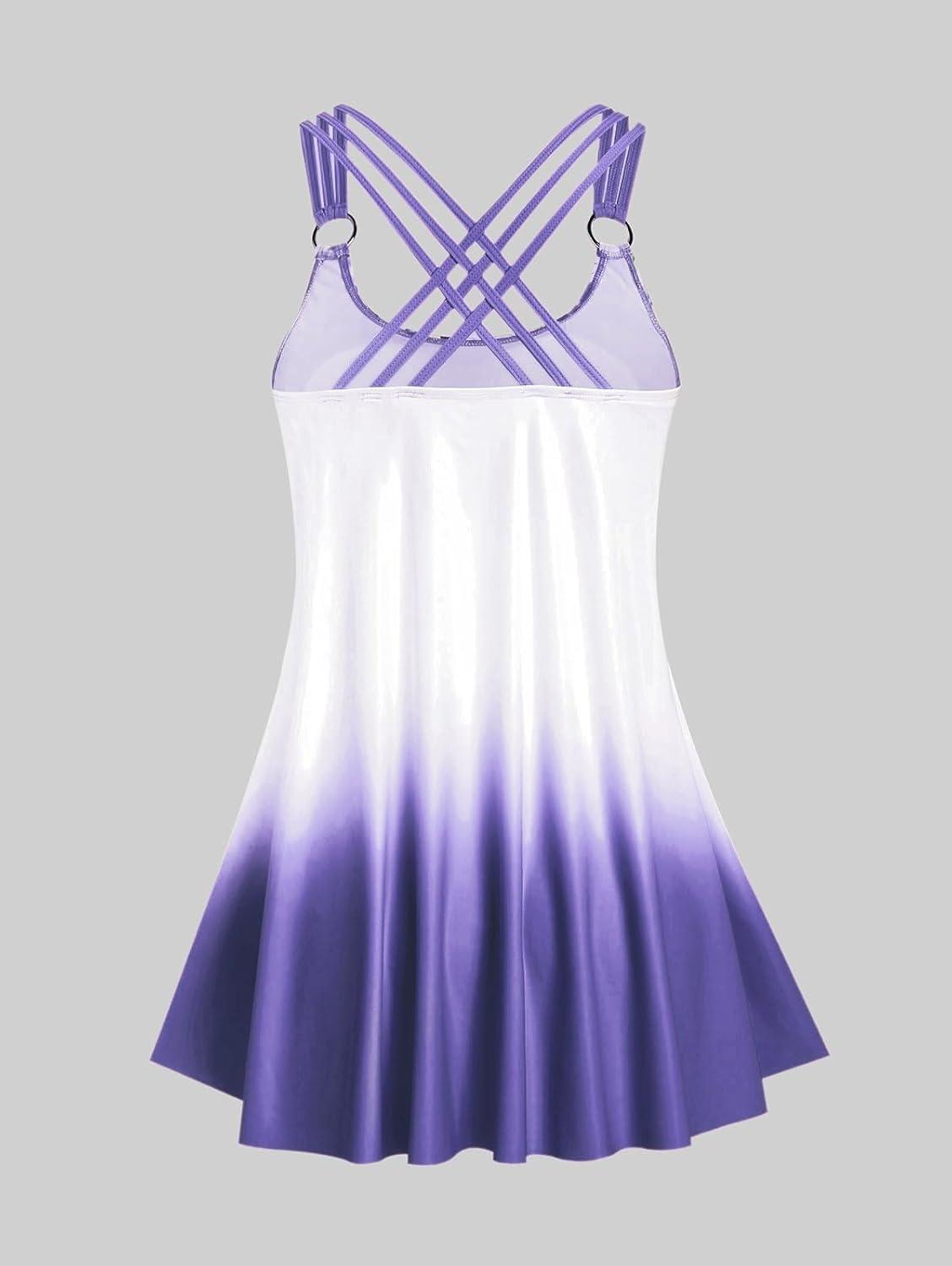 image:imageROSE GAL Womens Plus Size Curve Ombre Color Floral Print Crisscross Modest Tankini Swimsuit SetPurple3