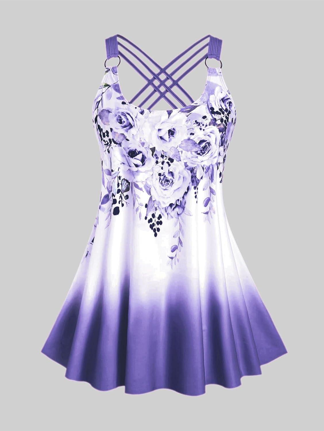 image:imageROSE GAL Womens Plus Size Curve Ombre Color Floral Print Crisscross Modest Tankini Swimsuit SetPurple3