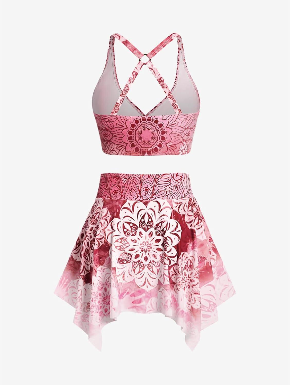 image:imageRosegal Plus Size Ethnic Printed Ombre ORing Padded Three Piece Skirt Tankini SwimsuitRed