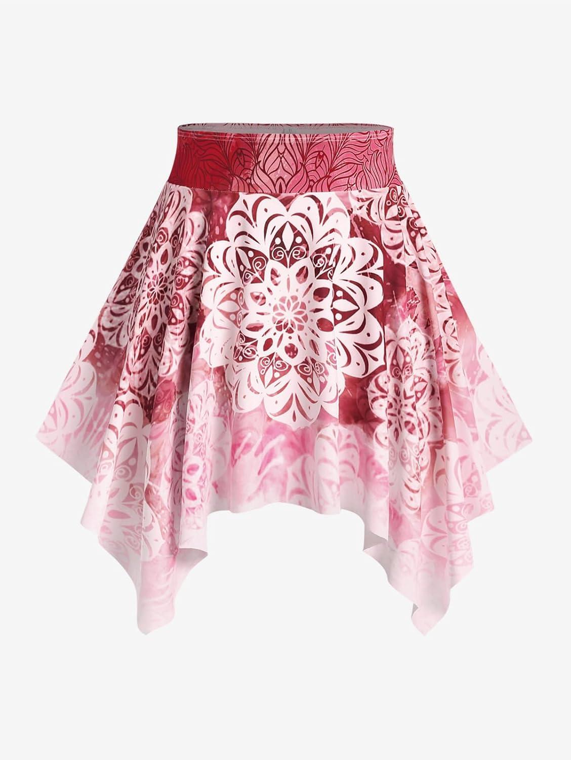 image:imageRosegal Plus Size Ethnic Printed Ombre ORing Padded Three Piece Skirt Tankini SwimsuitRed