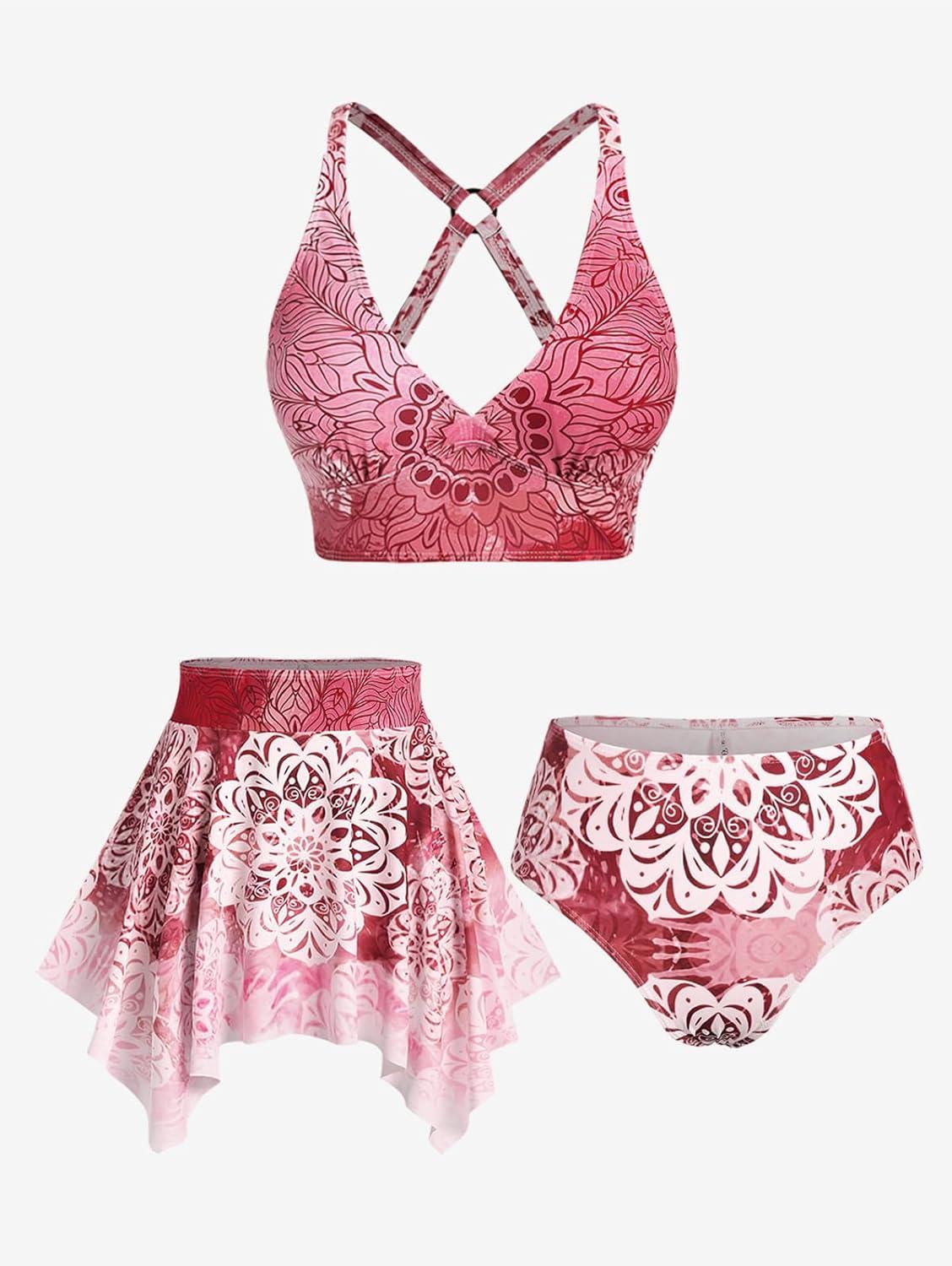image:imageRosegal Plus Size Ethnic Printed Ombre ORing Padded Three Piece Skirt Tankini SwimsuitRed