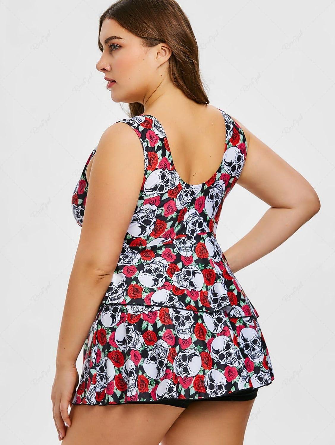 image:imageRosegal Plus Size Women 2 Piece Swimsuit Skull Rose Print Layered Tankini SwimwearRed3