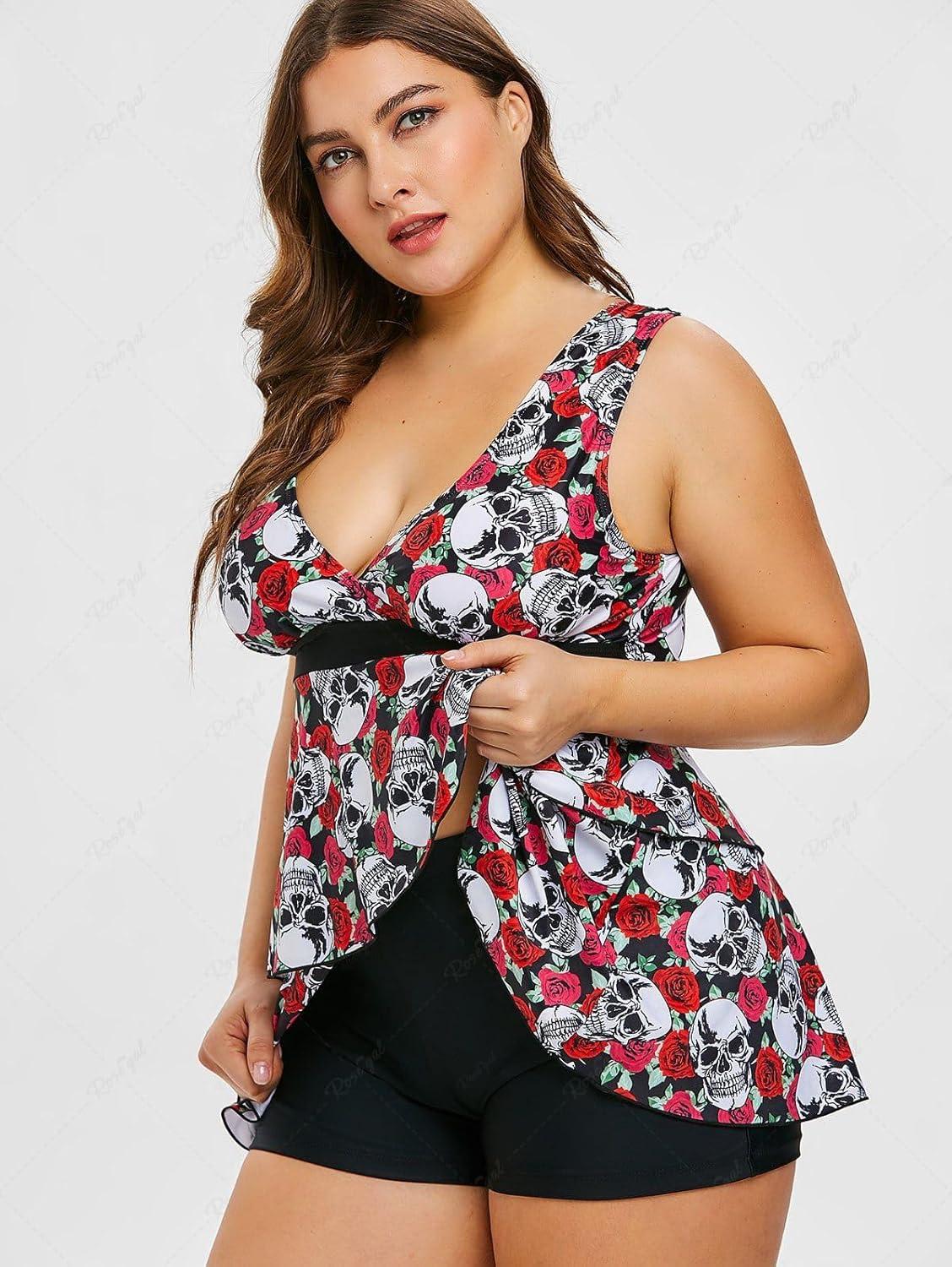 image:imageRosegal Plus Size Women 2 Piece Swimsuit Skull Rose Print Layered Tankini SwimwearRed3