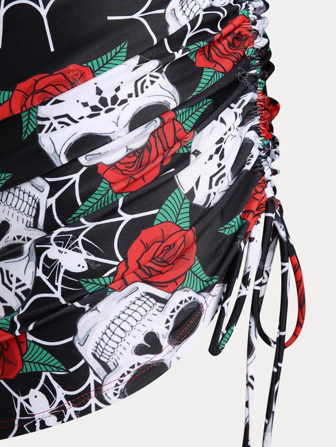 image:imageRosegal Plus Size Women 3 Piece Tankini Swimsuit Gothic Skull Rose Spider Web Print Twist Bathing SuitRed2