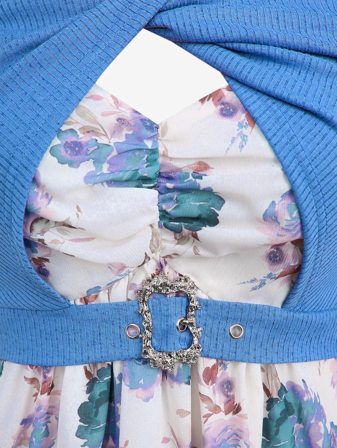 image:imageRosegal Plus Size Women Floral Sundress Set Chiffon Vintage Cami Dress and Twist Ribbed Crop Set DressBlue1
