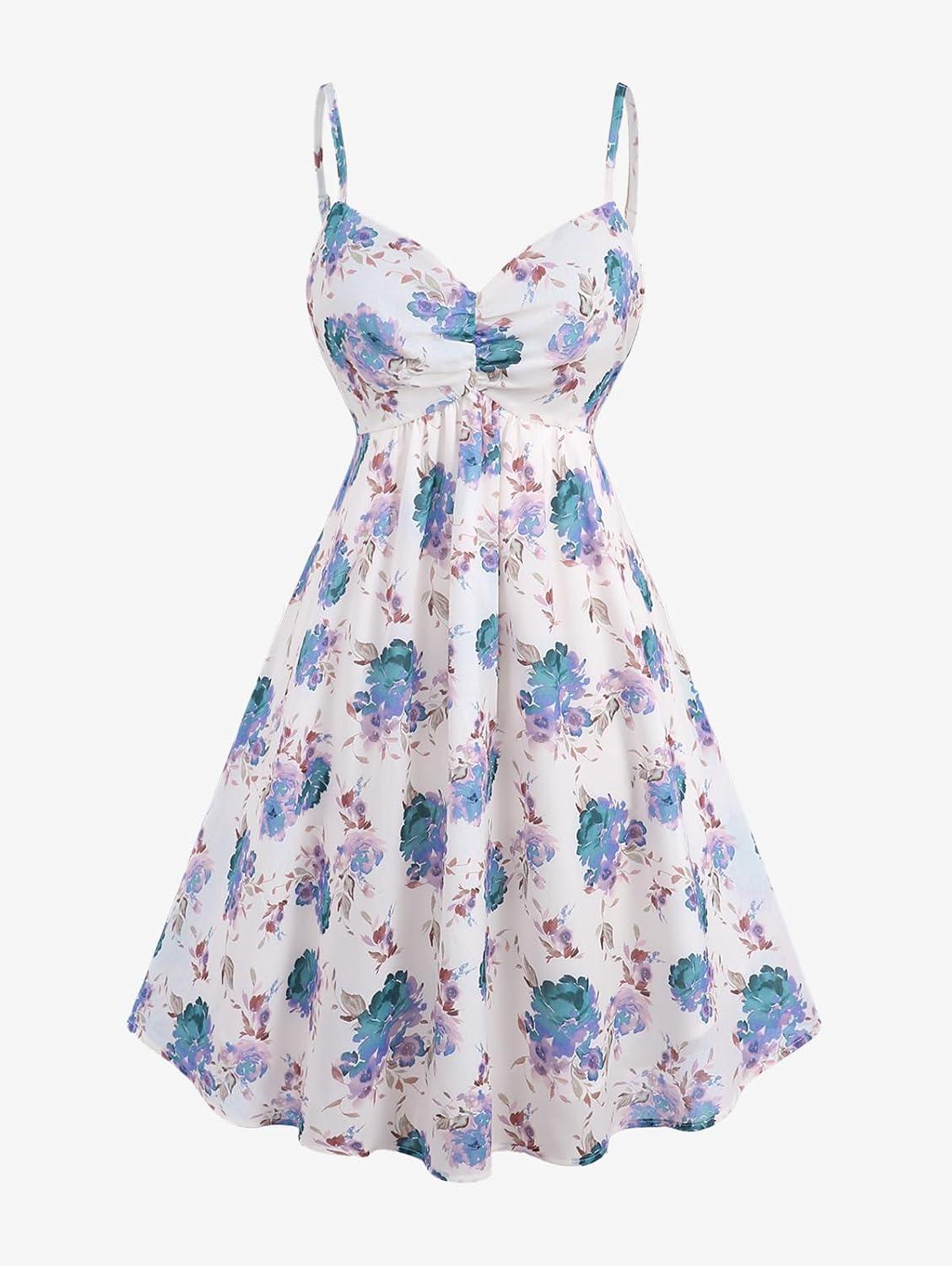 image:imageRosegal Plus Size Women Floral Sundress Set Chiffon Vintage Cami Dress and Twist Ribbed Crop Set DressBlue1