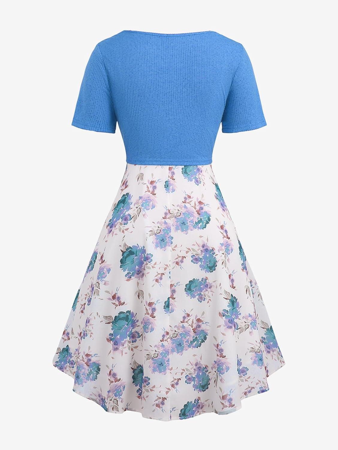 image:imageRosegal Plus Size Women Floral Sundress Set Chiffon Vintage Cami Dress and Twist Ribbed Crop Set DressBlue1