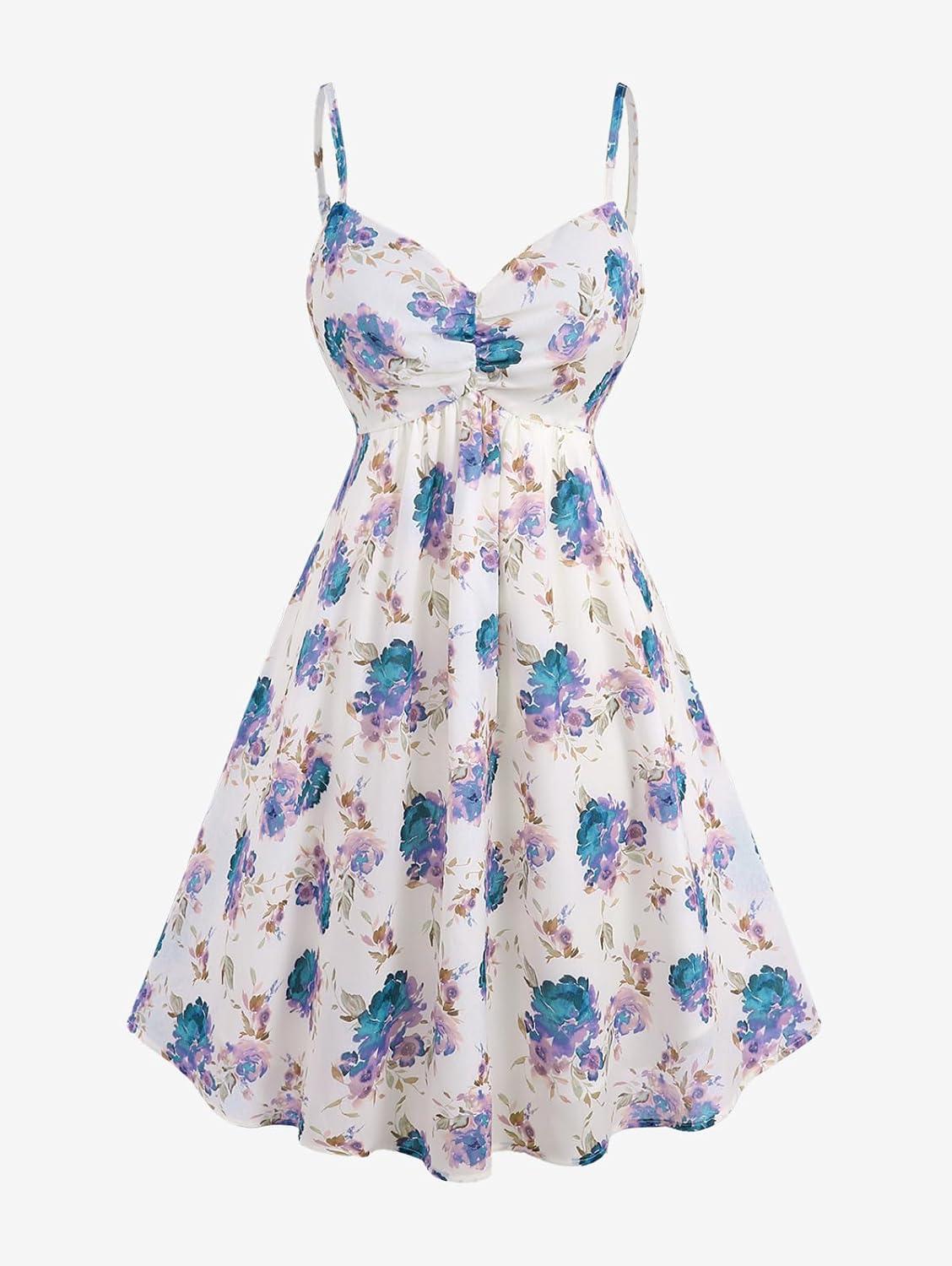 image:imageRosegal Plus Size Women Floral Sundress Set Chiffon Vintage Cami Dress and Twist Ribbed Crop Set DressGreen1