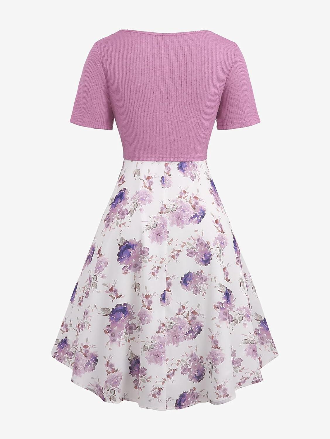 image:imageRosegal Plus Size Women Floral Sundress Set Chiffon Vintage Cami Dress and Twist Ribbed Crop Set DressPink1