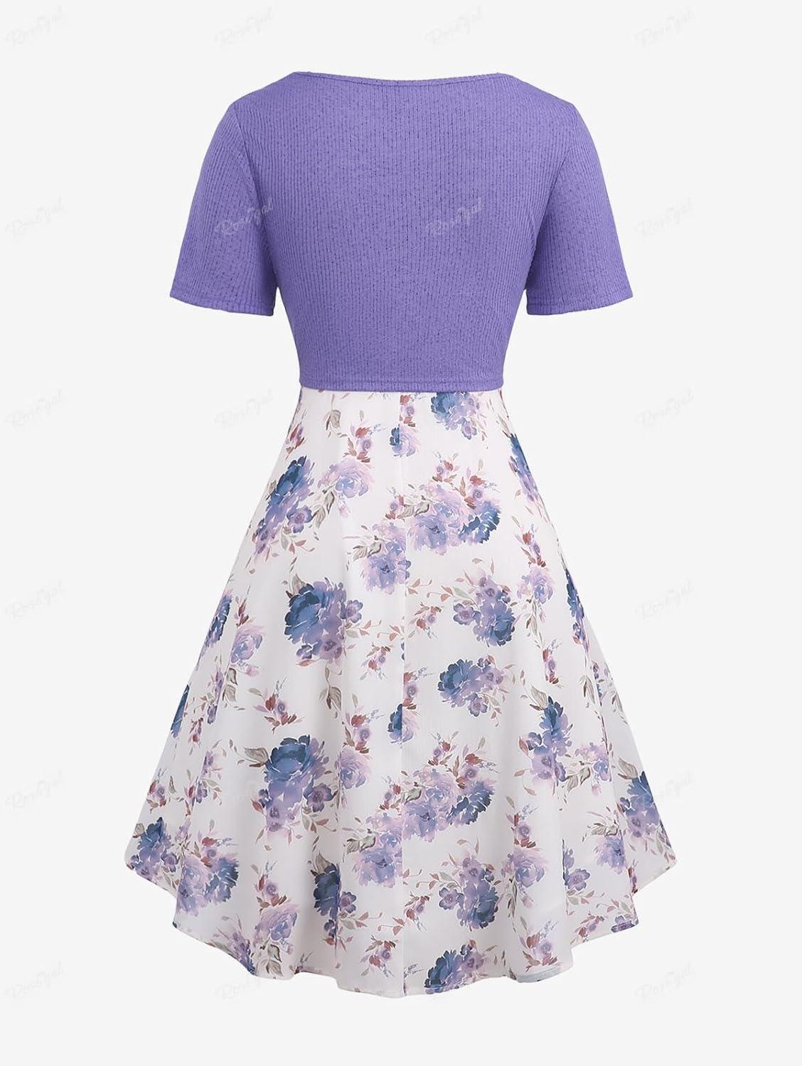 image:imageRosegal Plus Size Women Floral Sundress Set Chiffon Vintage Cami Dress and Twist Ribbed Crop Set DressPurple2