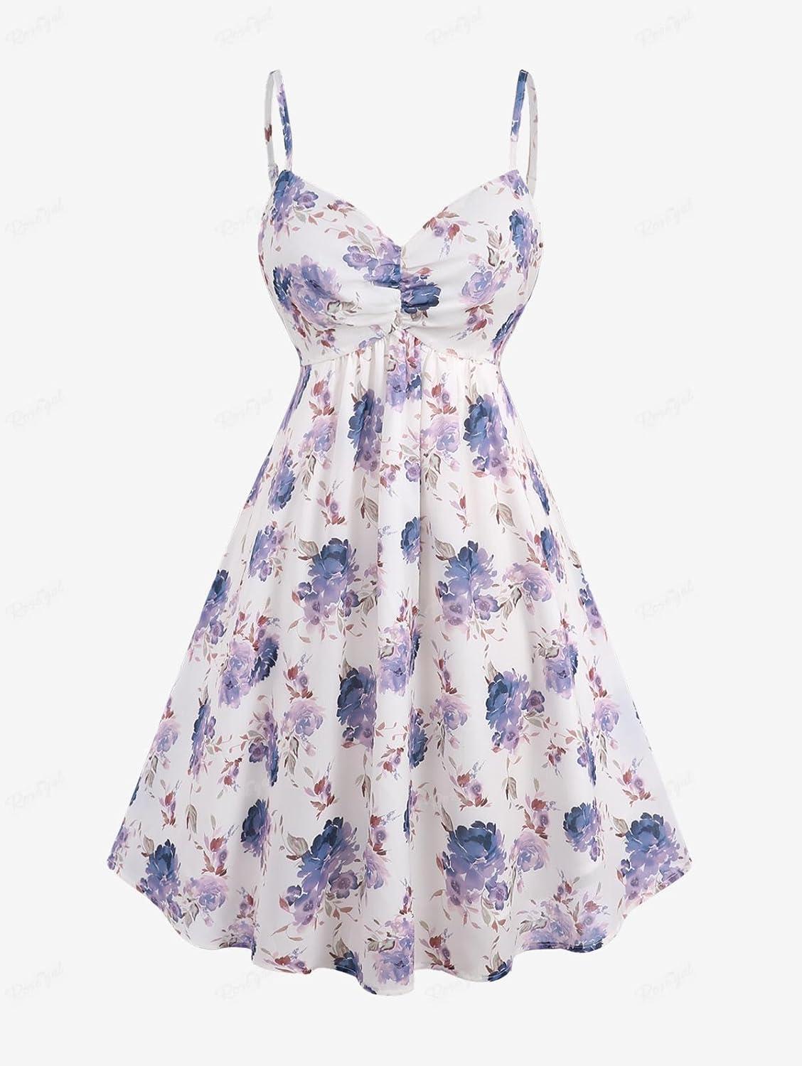 image:imageRosegal Plus Size Women Floral Sundress Set Chiffon Vintage Cami Dress and Twist Ribbed Crop Set DressPurple2