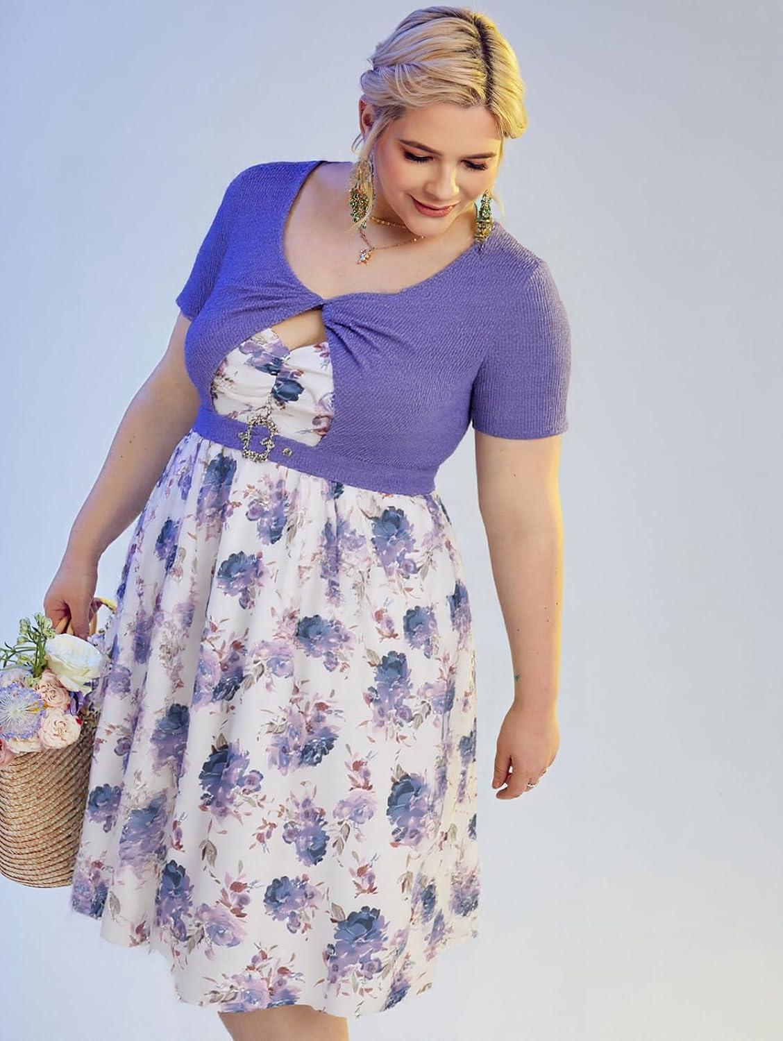 image:imageRosegal Plus Size Women Floral Sundress Set Chiffon Vintage Cami Dress and Twist Ribbed Crop Set DressPurple2