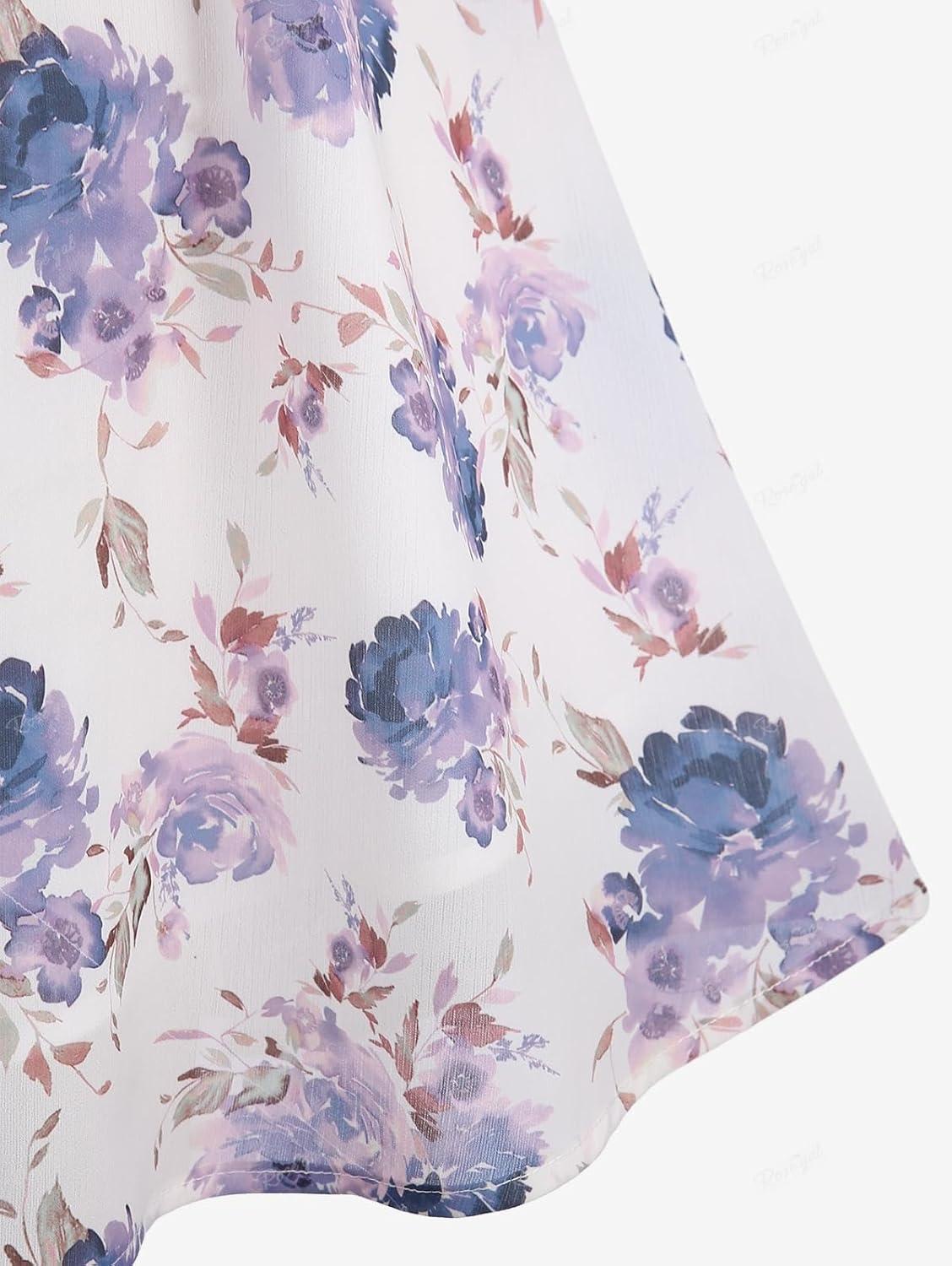 image:imageRosegal Plus Size Women Floral Sundress Set Chiffon Vintage Cami Dress and Twist Ribbed Crop Set DressPurple2
