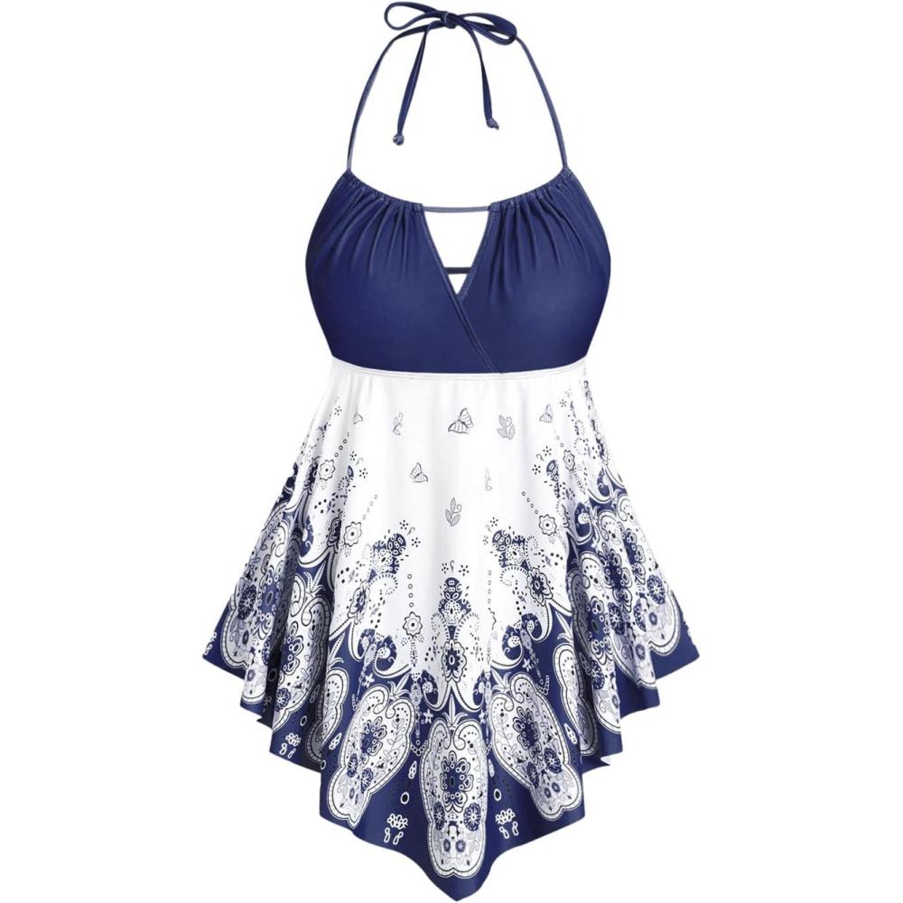 image:imageROSE GAL 3D Figure Butterfly Printed Halter Ruched Tankini SswimsuitDeep Blue