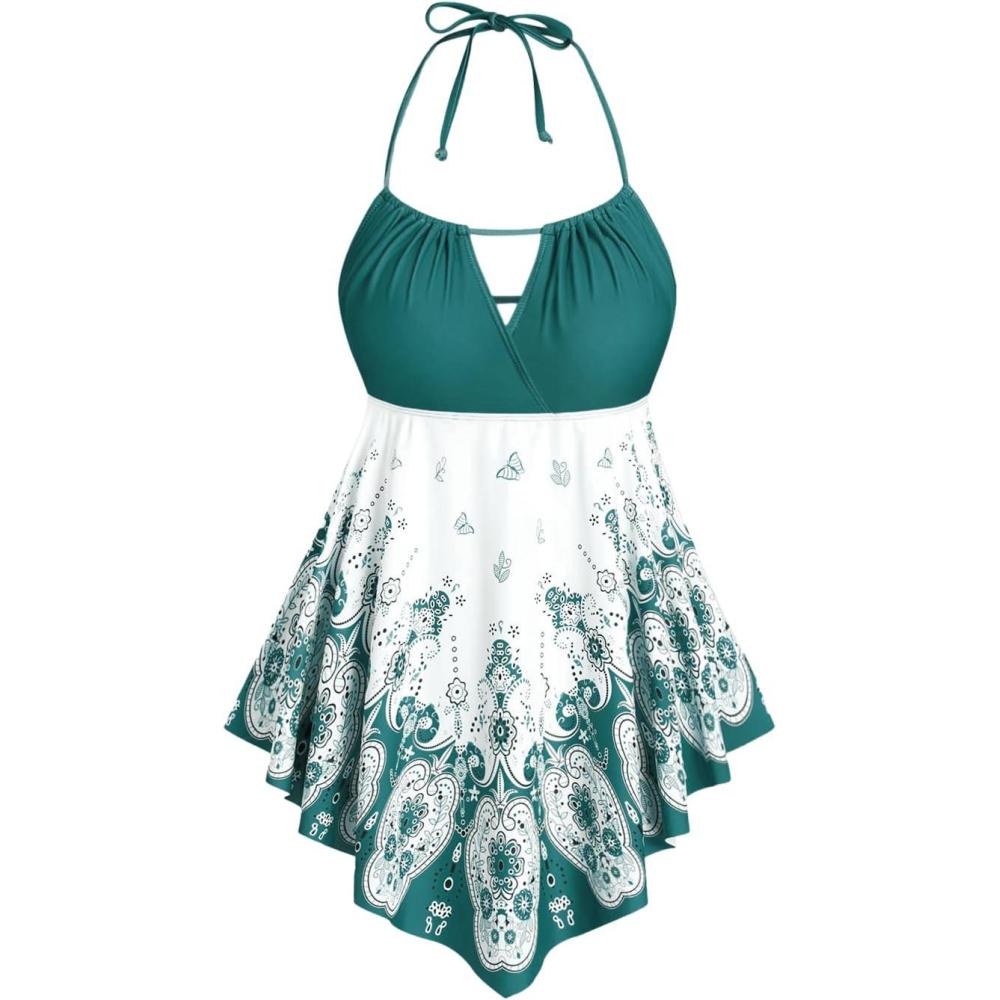 image:imageROSE GAL 3D Figure Butterfly Printed Halter Ruched Tankini SswimsuitGreen2