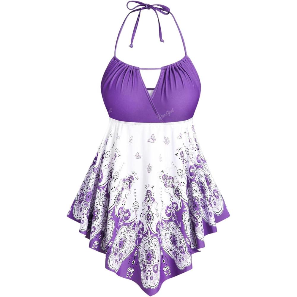 image:imageROSE GAL 3D Figure Butterfly Printed Halter Ruched Tankini SswimsuitPurple2