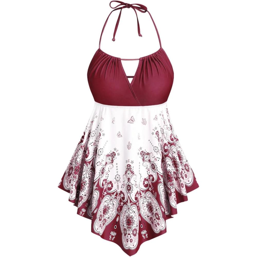image:imageROSE GAL 3D Figure Butterfly Printed Halter Ruched Tankini SswimsuitWine Red