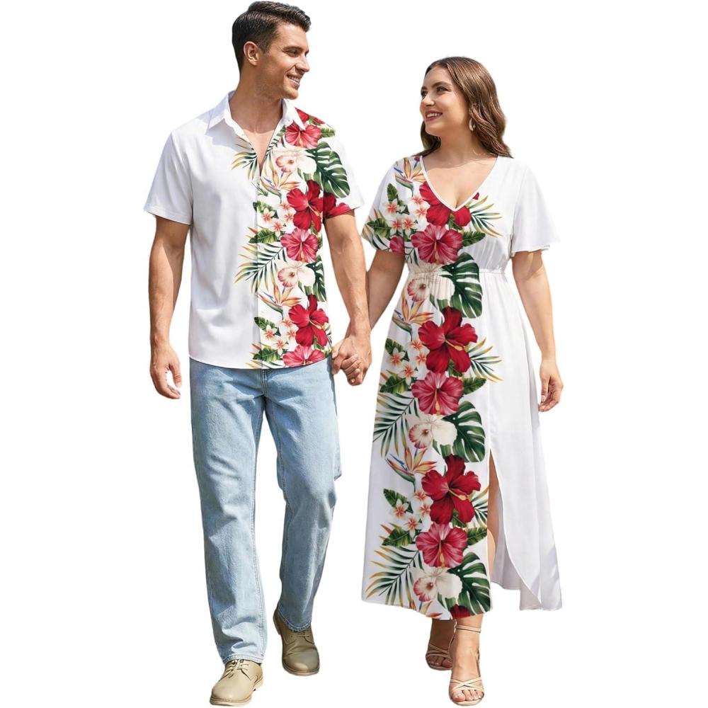 image:imageROSE GAL Matchable Couples Hawaiian Men Shirt and Women Vintage VNeck Split DressMenWhite