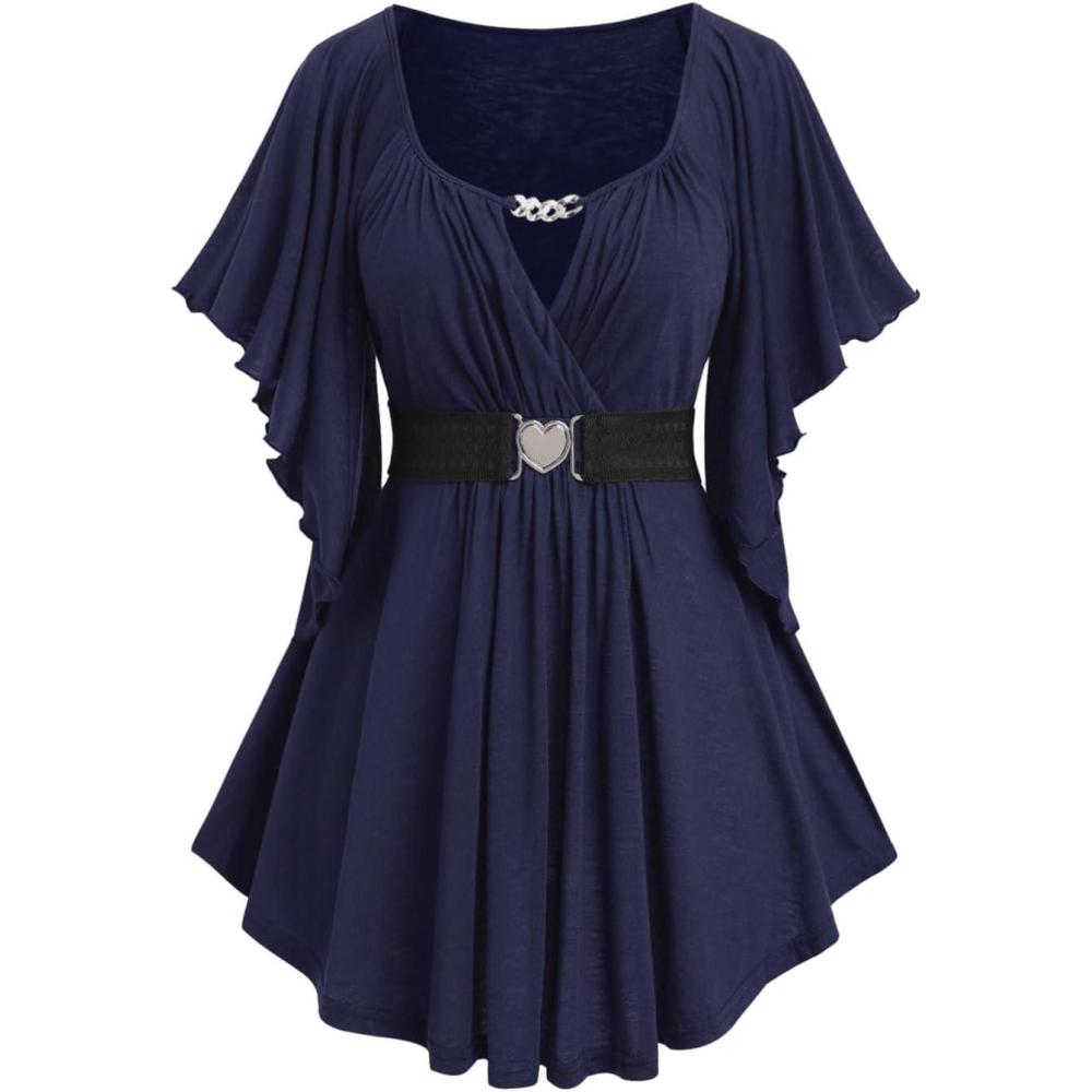 image:imageROSE GAL Plus Size Chain Panel Belted Butterfly Sleeve Surplice TopBlue