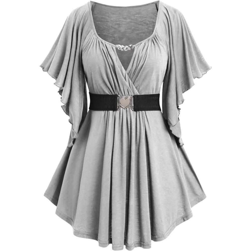 image:imageROSE GAL Plus Size Chain Panel Belted Butterfly Sleeve Surplice TopGray