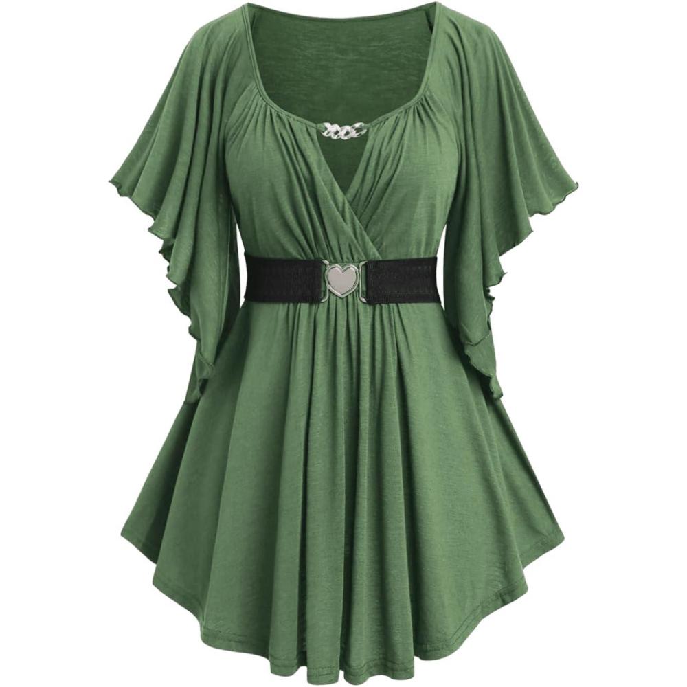 image:imageROSE GAL Plus Size Chain Panel Belted Butterfly Sleeve Surplice TopGreen