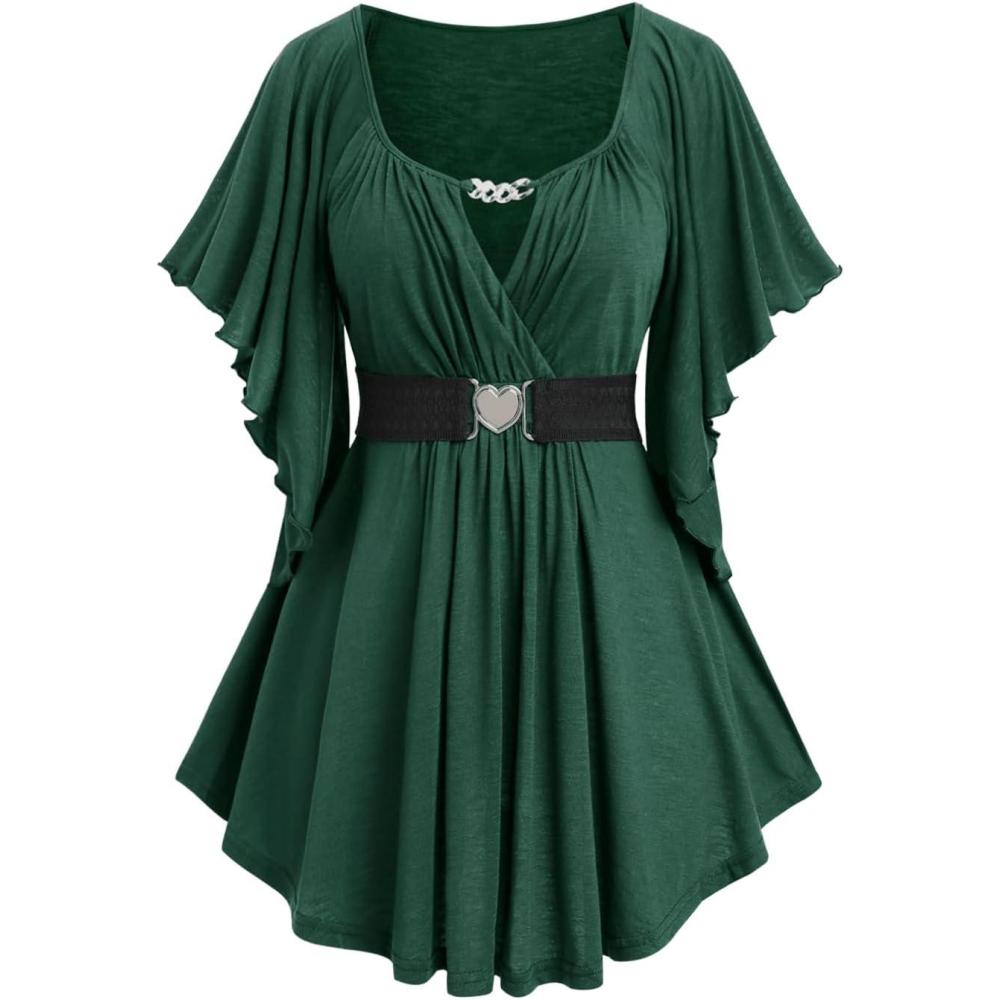 image:imageROSE GAL Plus Size Chain Panel Belted Butterfly Sleeve Surplice TopGreen2