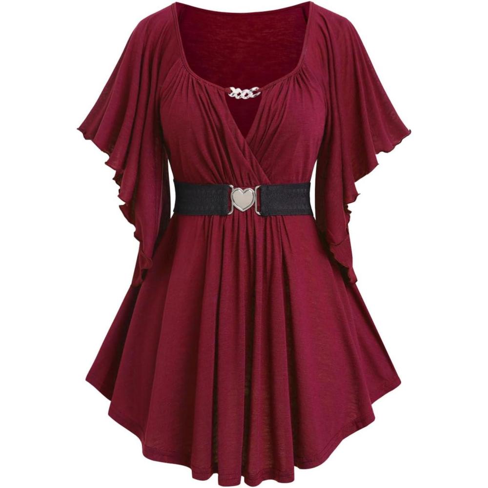 image:imageROSE GAL Plus Size Chain Panel Belted Butterfly Sleeve Surplice TopRed1