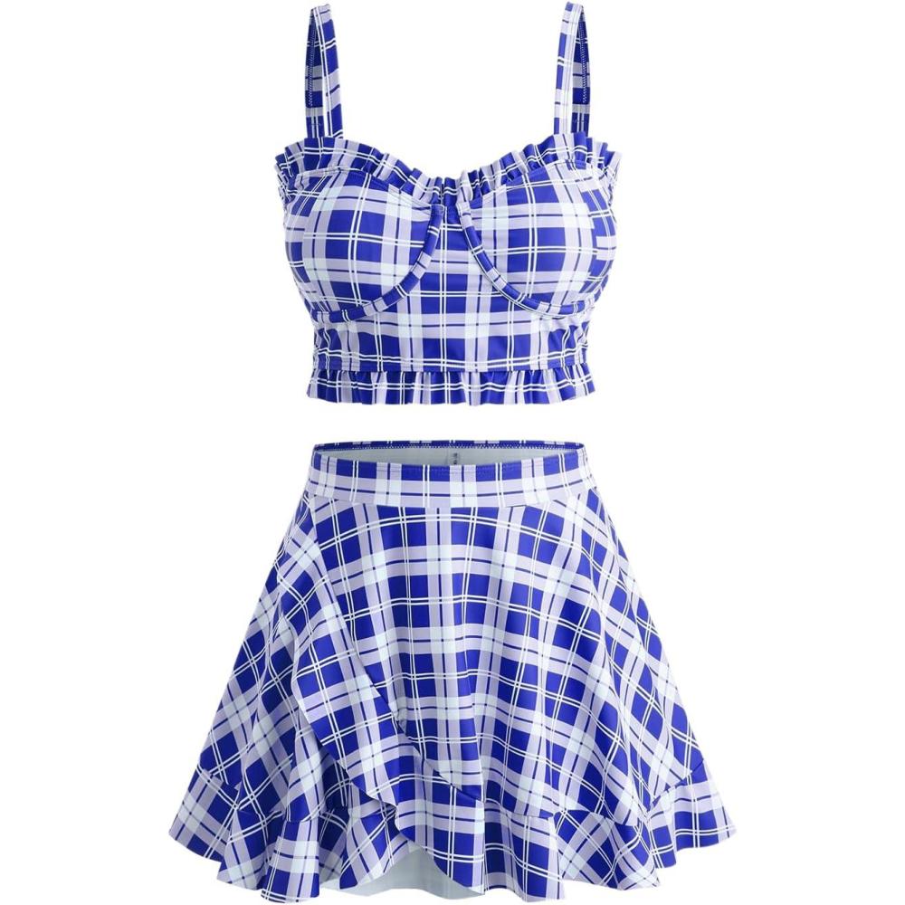 image:imageROSE GAL Plus Size Ruffles Flounce Padded Plaid Three Piece Skirt Tankini SwimsuitBlue