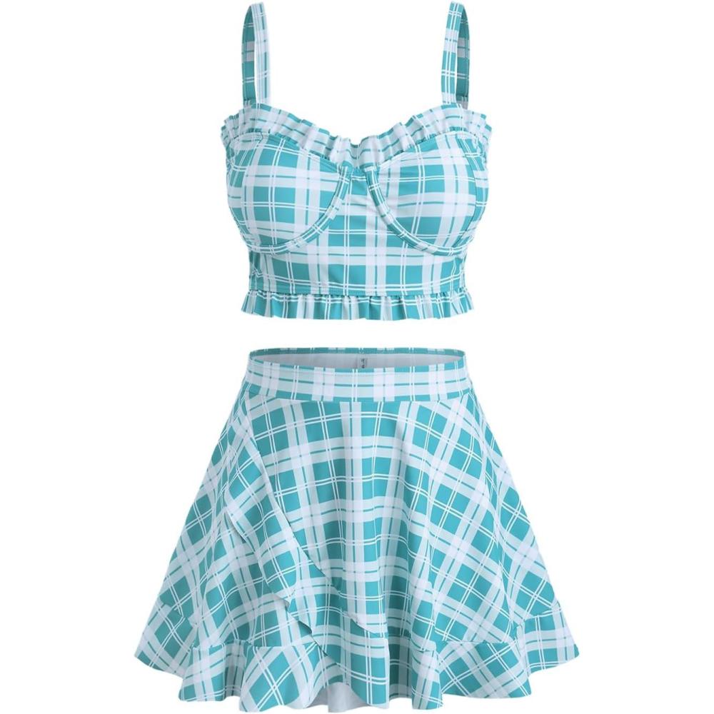 image:imageROSE GAL Plus Size Ruffles Flounce Padded Plaid Three Piece Skirt Tankini SwimsuitGreen