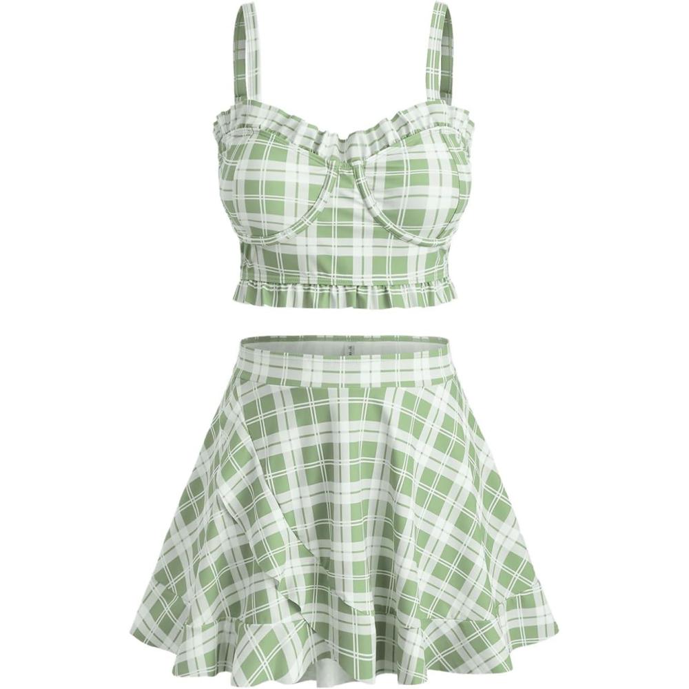 image:imageROSE GAL Plus Size Ruffles Flounce Padded Plaid Three Piece Skirt Tankini SwimsuitGreen1