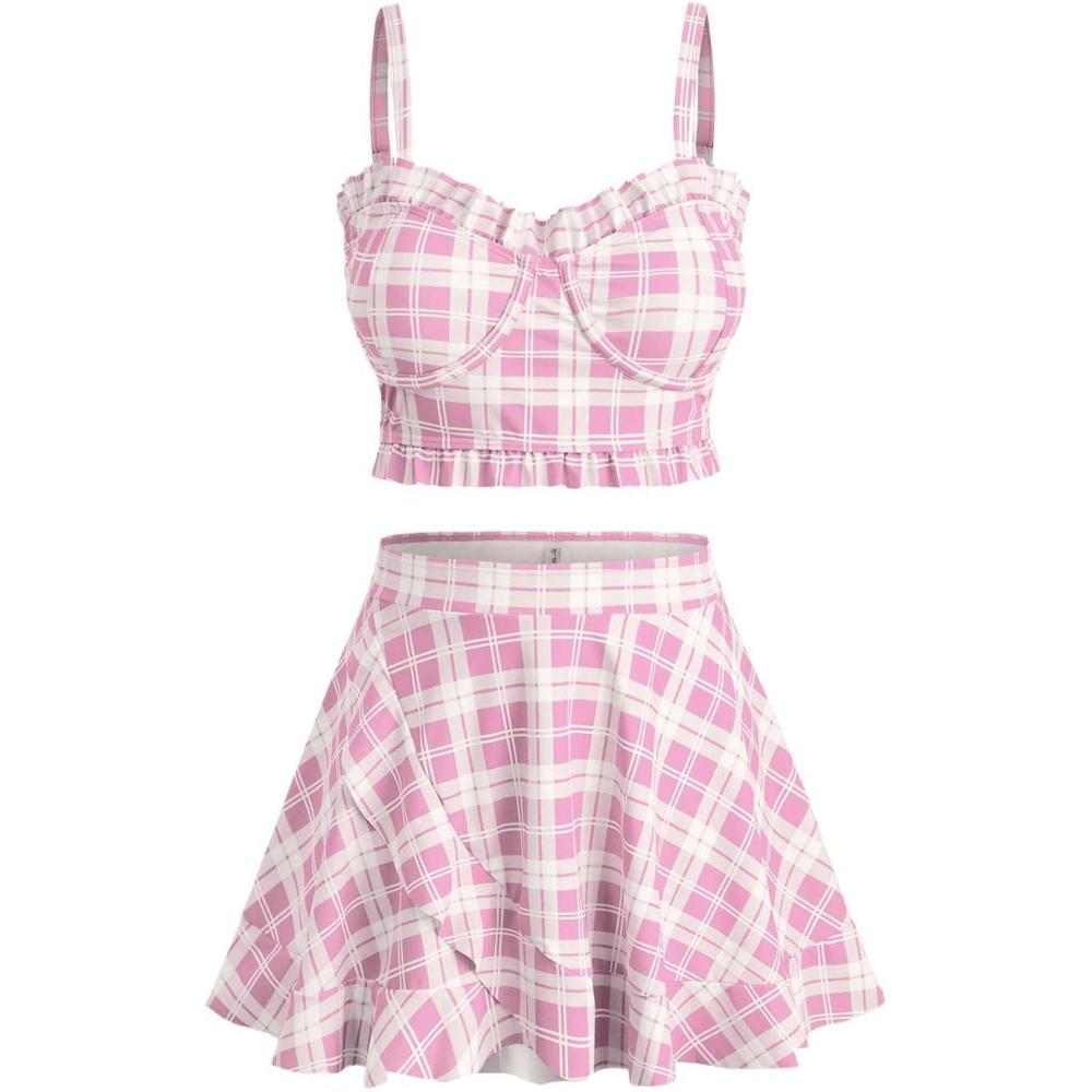 image:imageROSE GAL Plus Size Ruffles Flounce Padded Plaid Three Piece Skirt Tankini SwimsuitLight Red