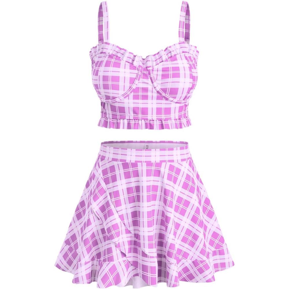 image:imageROSE GAL Plus Size Ruffles Flounce Padded Plaid Three Piece Skirt Tankini SwimsuitPink